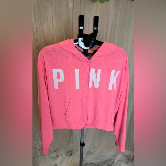 Victoria’s Secret PINK Cropped Zip Hoodie Neon Pink Logo Size M - Picture 3 of 9